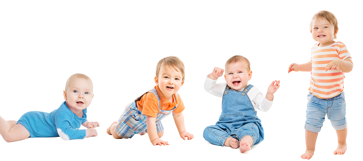 Babies at different developmental stages, from crawling and sitting to standing and walking.